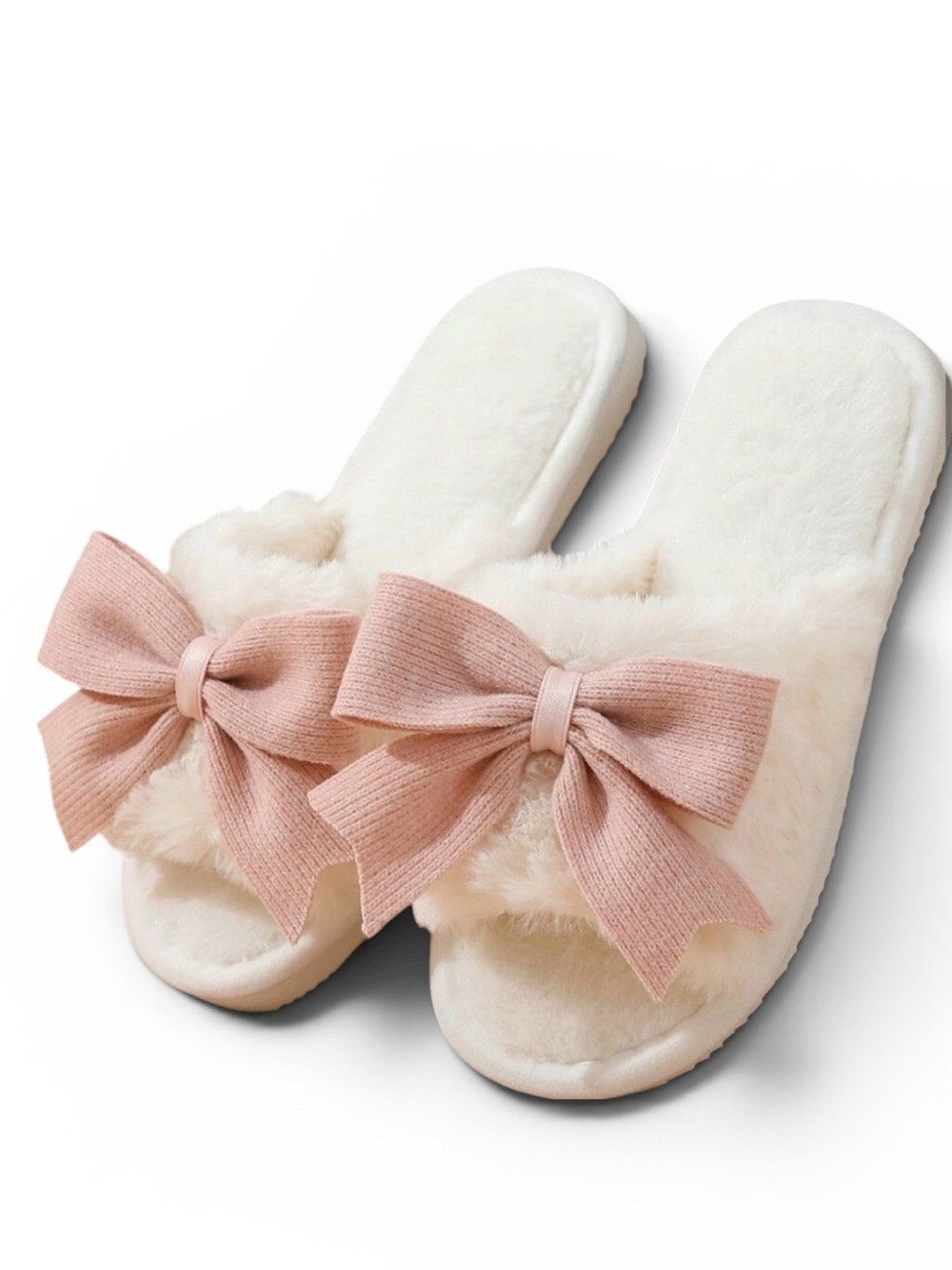White Faux Fur Pink Bow Slippers | Plush Open Toe Slides | Women’s US 9.5-10